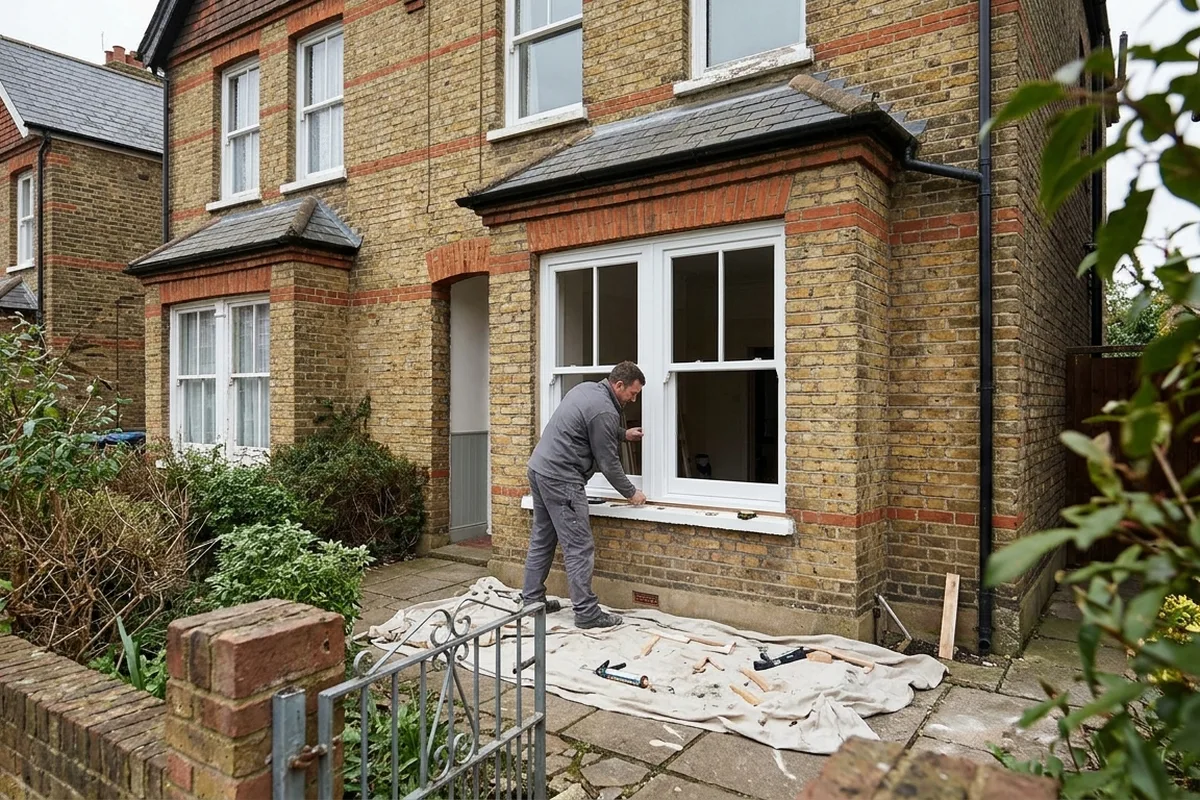 Installer outside fitting a white painted sash window into the ground floor of a yellow brick Victorian semi, tools on a dust sheet
