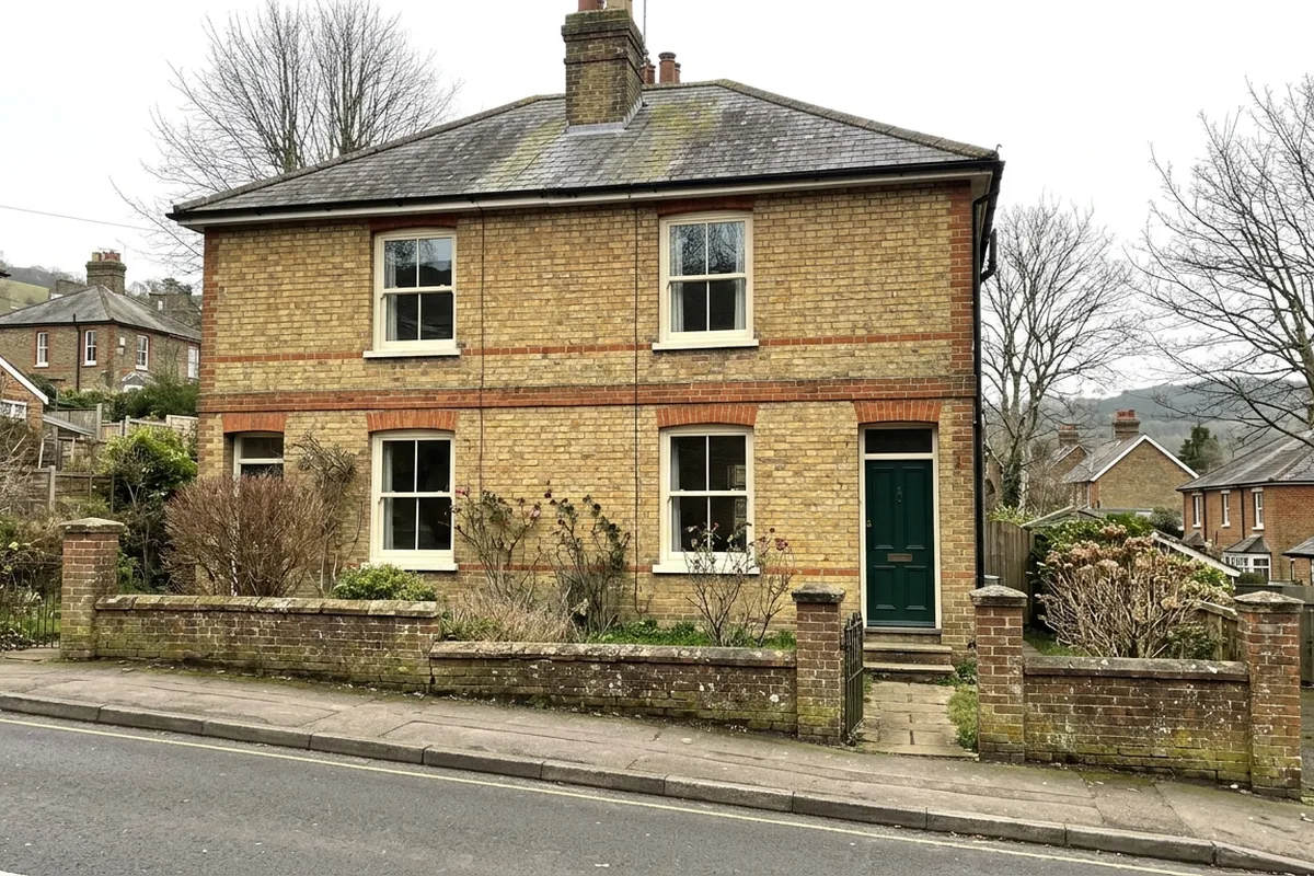 Yellow brick Victorian semi-detached house with red brick bands and white sash windows at the front