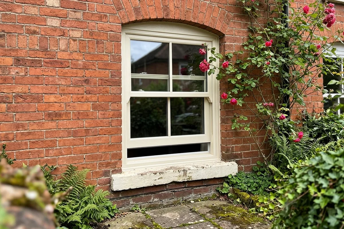 Close view of a cream sliding sash window with glazing bars under an arched brick head, a climbing rose beside it