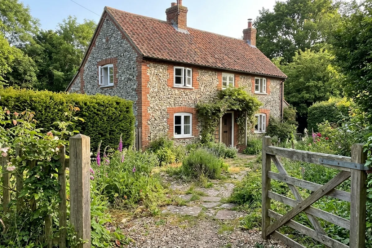 Flint cottage with red brick dressings and white casement windows, seen from a garden gate