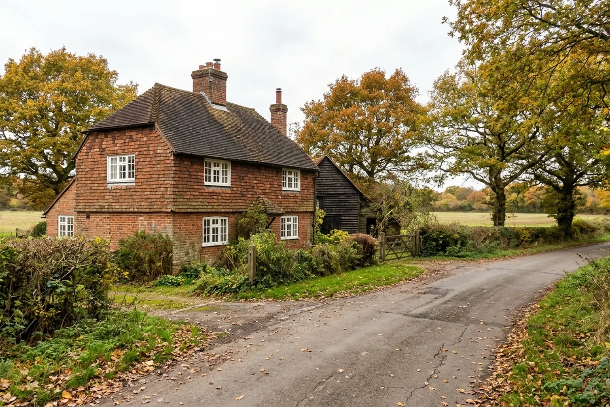 Brick and tile-hung country cottage with white casement windows and a black weatherboarded barn beside a lane
