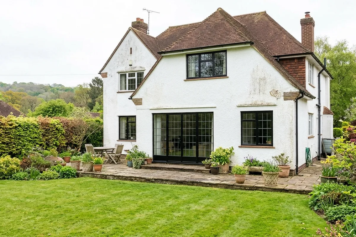 Rear of a white-rendered 1930s house with black steel-look windows and glazed garden doors opening onto a stone terrace