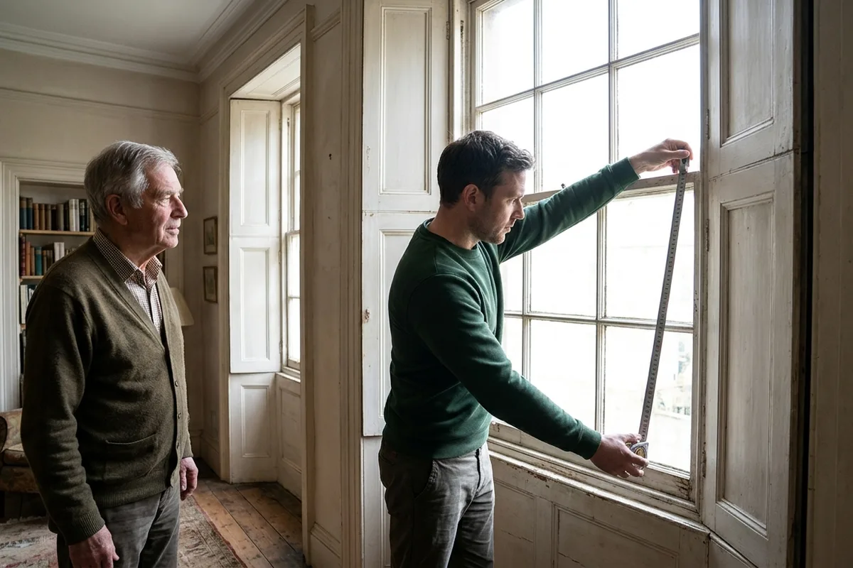 Surveyor measuring a tall old sash window beside panelled shutters inside a Georgian room while the older owner watches