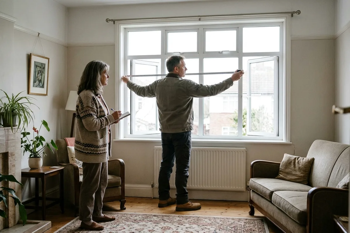 Surveyor measuring across a white casement window in a living room while the homeowner takes notes