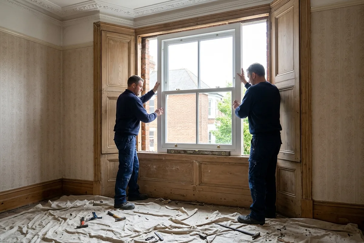 Two installers working from inside a panelled room to fit a white painted timber sash window, dust sheets and tools on the floor